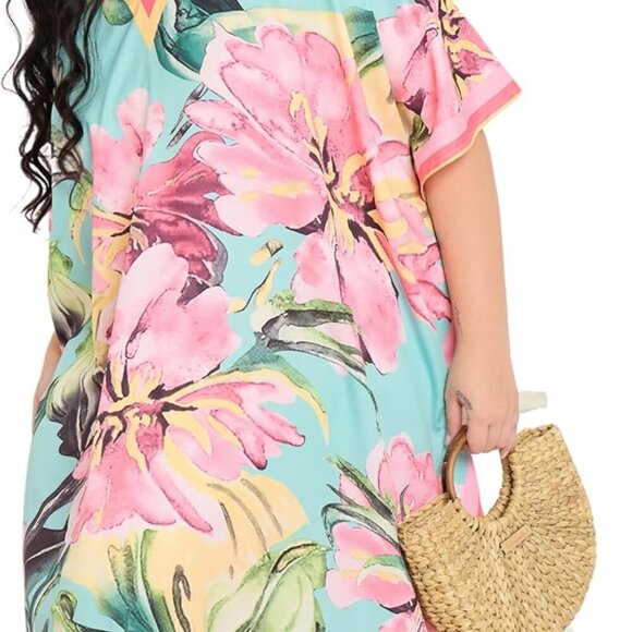 Plus Size Kaftan Dress Polyester Maxi Cover Up Summer Beach V-Neck - Picture 6 of 7